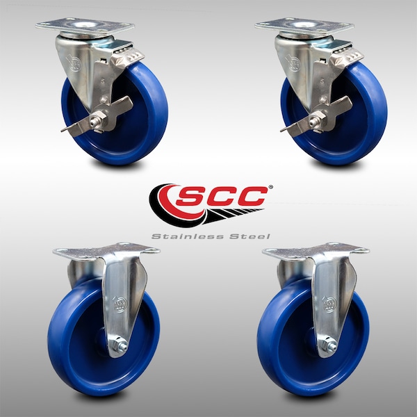 5 Inch SS Solid Polyurethane Top Plate Caster Set with 2 Brake 2 Rigid SCC